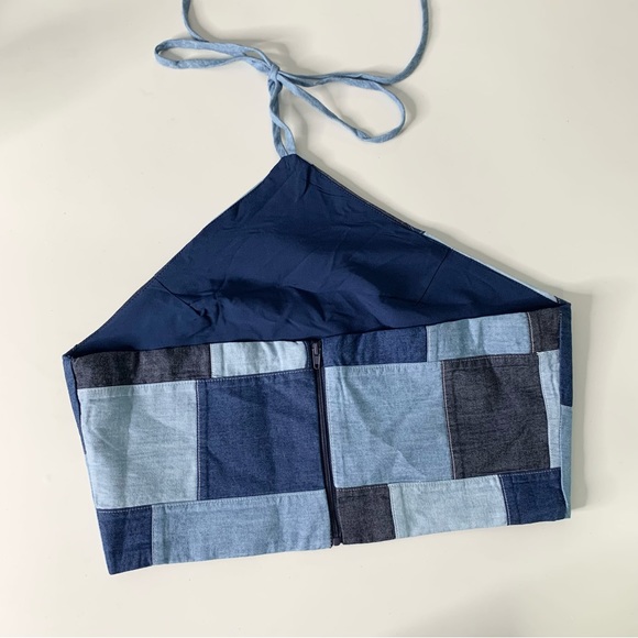Amanda Uprichard Medium Laurena Halter Tie Top Blue Chambray Colorblock - Picture 3 of 8